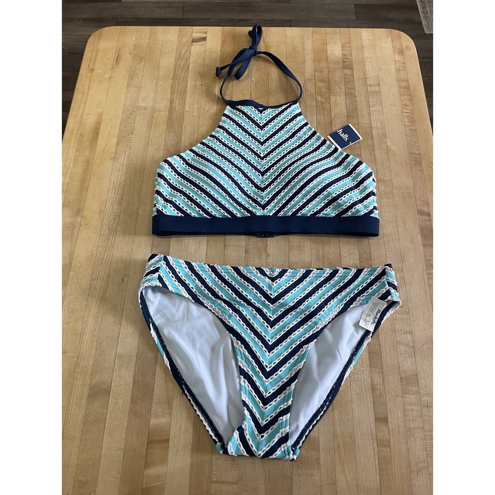 Sun seekers Chevron Turquoise Navy Blue White Halter Bikini Top And Bottoms 8